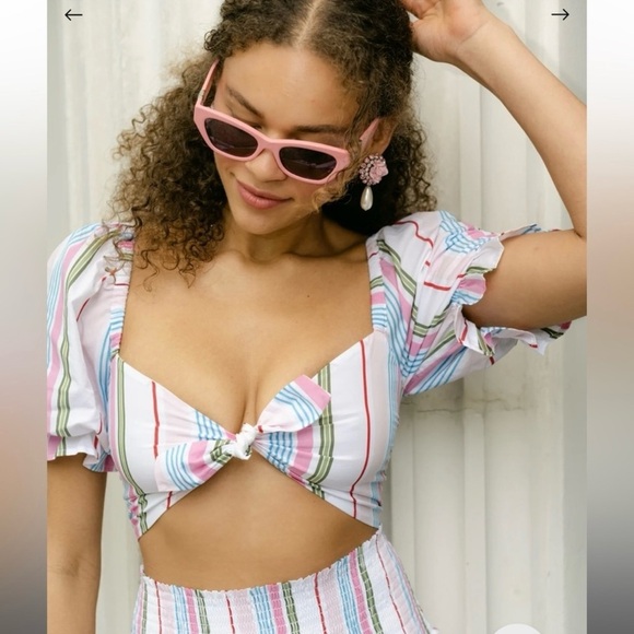 NWT HILL HOUSE | The Isabella Top Rainbow Stripe Puff Sleeve Tie Front Top Sz M - Picture 1 of 4